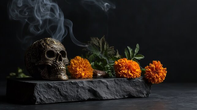 Carved decorative skull with orange cempasuchil marigolds and incense smoke for Day of the Dead altar