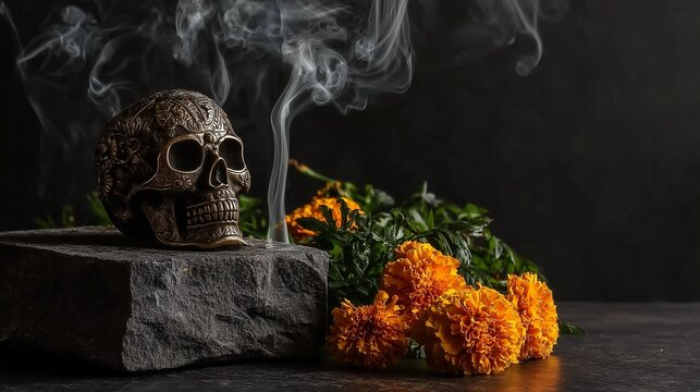 Day of the Dead Bronze Carved Calavera Skull with Smoking Incense and Marigold Flowers on Stone Altar