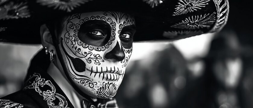 Black and White Day of the Dead Portrait of Man in Mariachi Sombrero with Intricate Sugar Skull Makeup