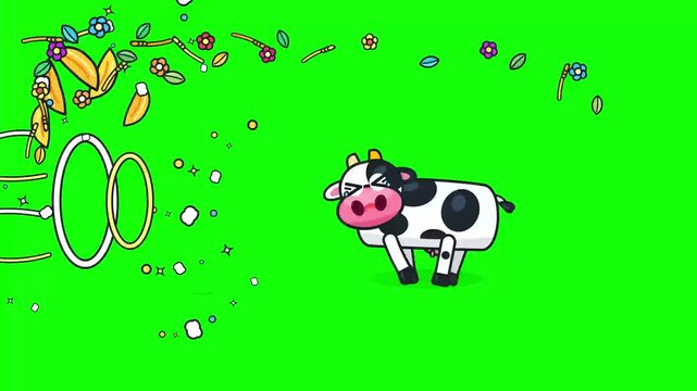 Cute Cartoon Cow Sneezing Powerfully Blowing Away Hay Straw Colorful Flowers and Leaves 2D Flat Vector Animation on Green Screen Seamless Loop