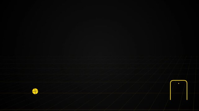 Dark digital interface background with yellow HUD elements featuring a target and goal post icons on a futuristic grid surface for sports or gaming