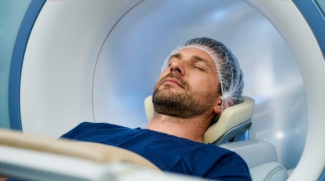 A male patient lying with closed eyes inside an MRI machine scanner during a medical examination, wearing a surgical cap and dark blue scrubs in a modern hospital radiology clinic.