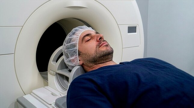 A male patient with closed eyes lies on the scanner bed of an MRI machine, wearing a protective hair net and blue medical scrubs during a diagnostic imaging procedure in a clinic.
