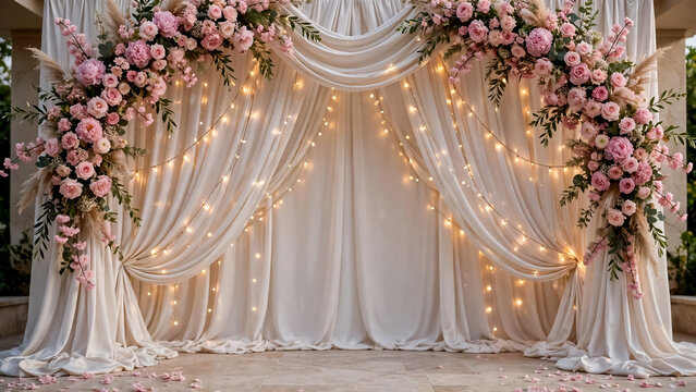 Floral wedding arch with pink roses and fairy lights on white draped fabric