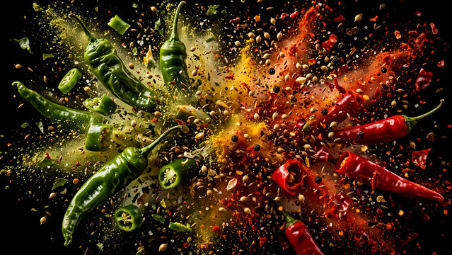 Green and red chili peppers exploding with spices on black background