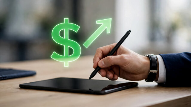 Businessman hand using stylus on tablet with glowing dollar sign growth arrow