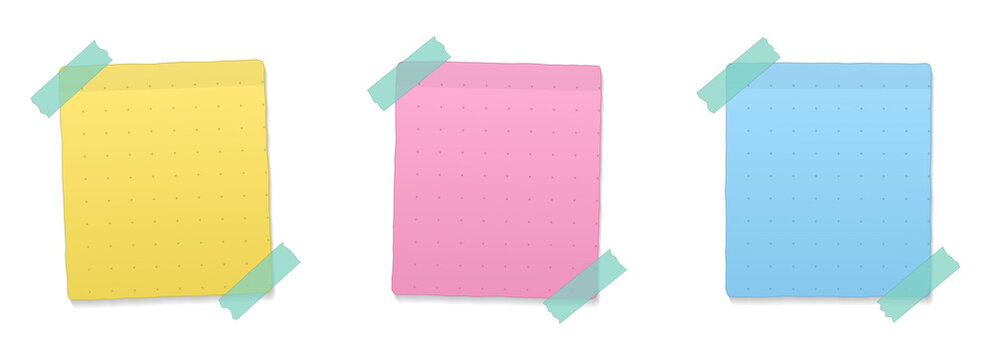 Set of three dotted sticky notes in yellow, pink, and blue, attached with washi tape, isolated on transparent background