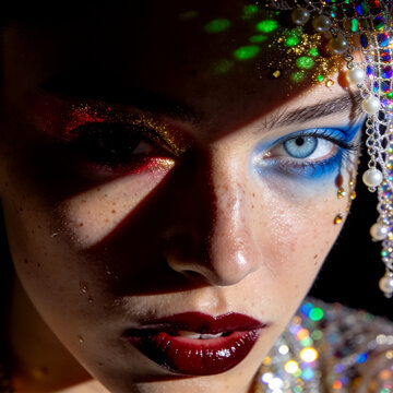 Woman with blue eye makeup and glitter face art wearing pearl headpiece jewelry
