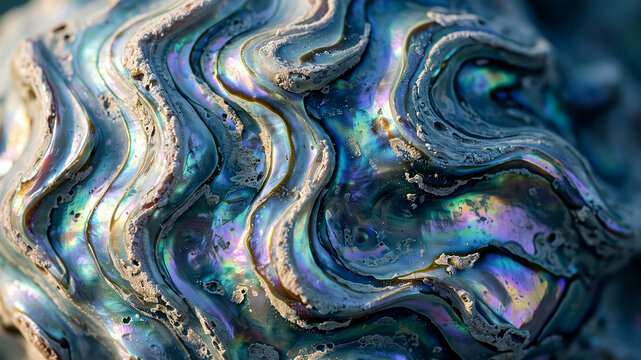 Iridescent abalone shell with wavy blue and purple textures in closeup