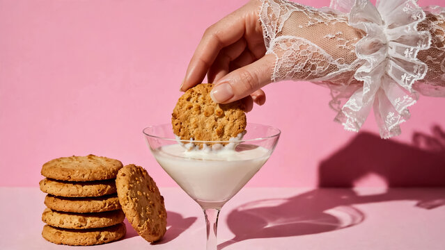 Hand in lace glove dipping oatmeal cookie into milk glass on pink background