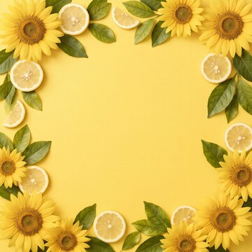 Sunflower and lemon slices frame on yellow background