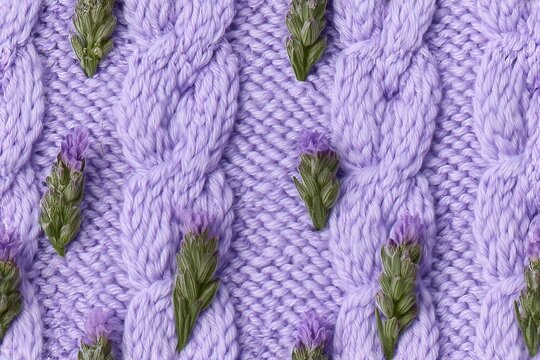 Lavender cable knit texture with lavender flower sprigs, Provence seamless pattern