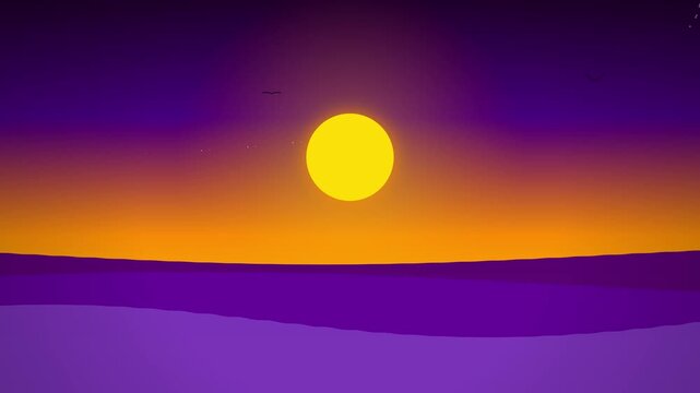 Minimalist vector landscape with glowing yellow sun over purple and orange gradient hills.