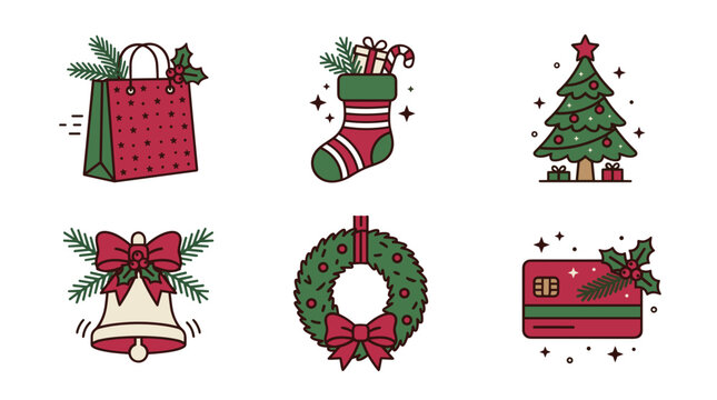 Christmas-themed illustrations of holiday decorations and gifts  
