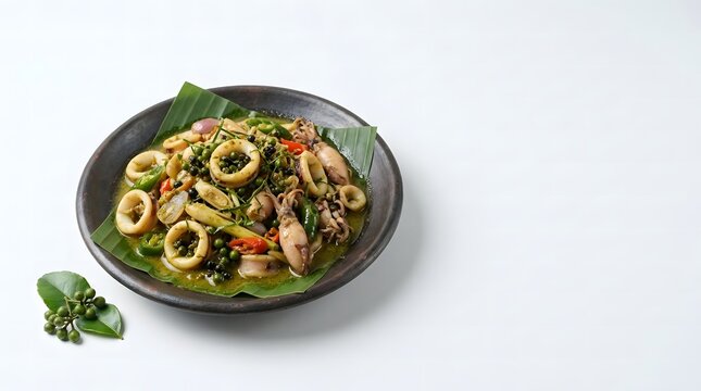 Stir fried squid with andaliman pepper, green chili and lemongrass on a banana leaf and clay plate, with copy space.