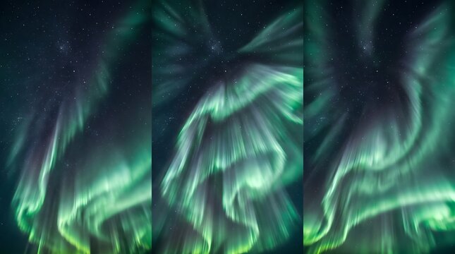 Vibrant green aurora borealis dancing across the dark night sky with visible stars in the background