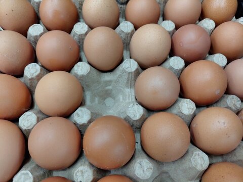 Fresh brown chicken eggs arranged in a molded cardboard tray, displaying natural eggshell colors and textures in a close-up view