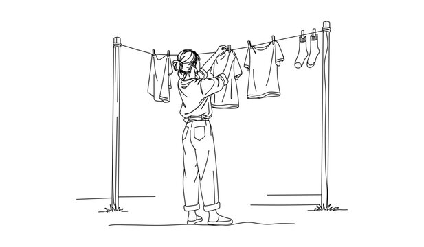 Minimalist Line Art%3A Person Hanging Laundry on a Clothesline with Clean Simplicity