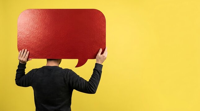 Person holding a red speech bubble sign over their head against a yellow background