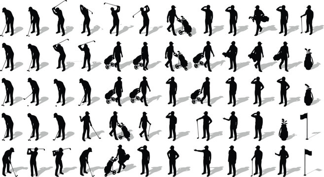 Golfers and Caddies Silhouette Vector Set | Isometric Golf Players Swinging Club, Putting, Driving, Carrying Bag, Pulling Trolley Cart, and Golf Course Entourage for Architectural and Sports Design