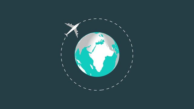 Airplane animation flies along a circular flight path around globe on space. Aviation navigation route data guides airplane. Logistics consoles use airplane online.