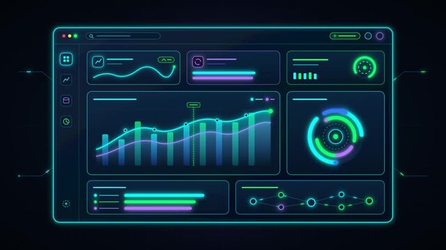 Futuristic data dashboard interface with neon glowing charts and graphs