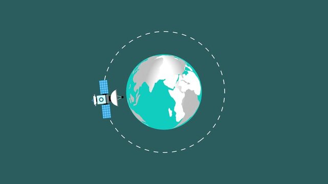 Satellite animation circles a planetary Earth globe on a dashed path on dark. Telecom orbital routing data routes on satellite. Tracking consoles use satellite online.