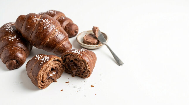 Chocolate salt bread rolls with sea salt flakes and chocolate butter spread, one broken open with chocolate filling.
