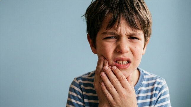Close up portrait of a young boy grimacing in severe pain while holding his jaw and cheek with his hands, suffering from a sudden painful toothache or pediatric dental health problem.