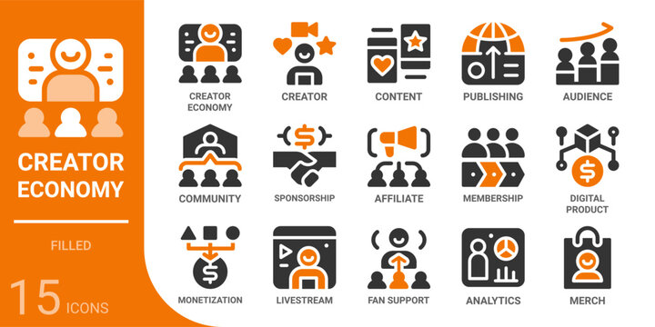 creator economy filled glyph icon collection for web, app, UI, UX, dashboard, presentation and infographic and print design