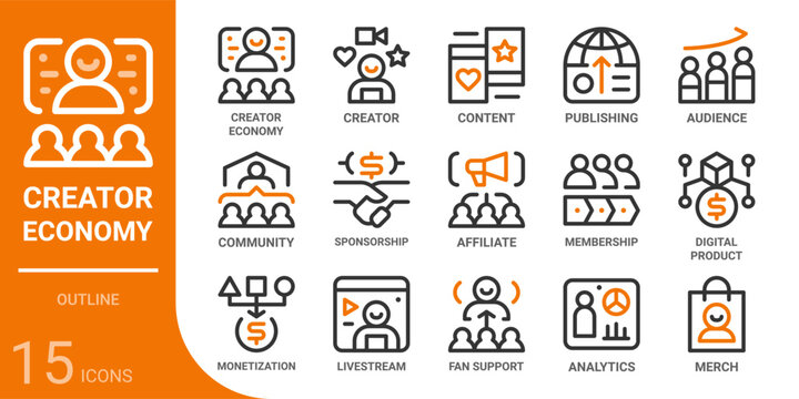 creator economy outline icon collection for web, app, UI, UX, dashboard, presentation and infographic and print design