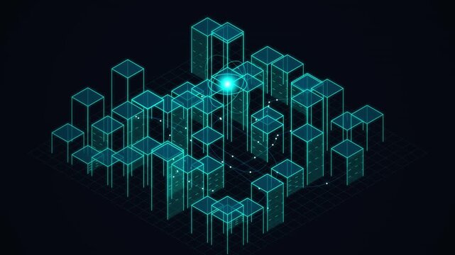Abstract futuristic glowing digital city wireframe with cyber grid and glowing nodes.