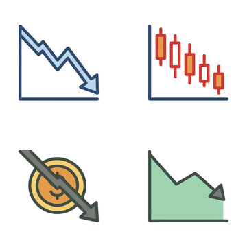 Financial Market Decline: Downward Trending Line Graphs, Red Candlesticks And Currency