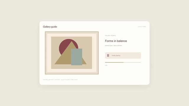 Website, user interface and digital gallery with museum app for art exhibition, creative platform and online portfolio. Modern design, clean layout and interactive features for a virtual tour space.