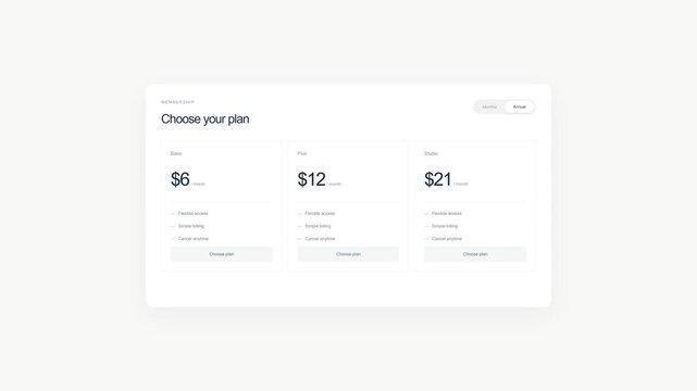 Pricing table, subscription plans and software packages for business website interface. Digital service, monthly cost and financial strategy with internet startup, web design and online commerce.