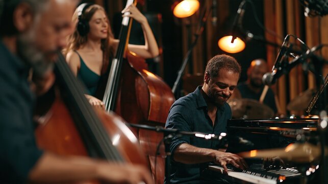 Jazz trio improvising with piano, double bass, and drums in urban recording studio