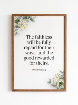 Proverbs 14:14 Bible verse wall art with white flowers in wood frame