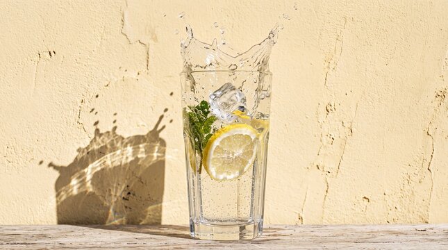 A low angle hero shot of a tall glass of refreshing sparkling mineral water with fresh lemon slices and mint leaves, featuring a dramatic splash and hard shadows against a textured beige wall.