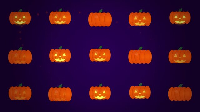 Halloween Jack O Lantern Pumpkins Minimalist Pattern Background With Glowing Carved Faces On Dark Purple Backdrop