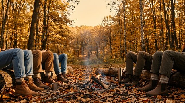 Group of friends sitting on logs around warm campfire in autumn forest with boots and fallen leaves.