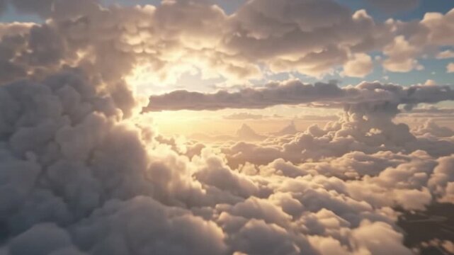 Soaring through fluffy clouds in bright blue sky cinematic flight path moving dense white cumulus at high altitude weather sunlight