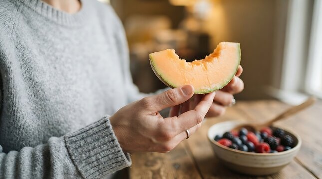 Woman enjoying a slice of cantaloupe and a bowl of mixed berries indoors