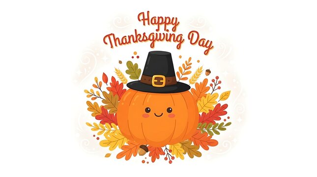 Happy thanksgiving day greeting with cute pumpkin character and autumn leaves