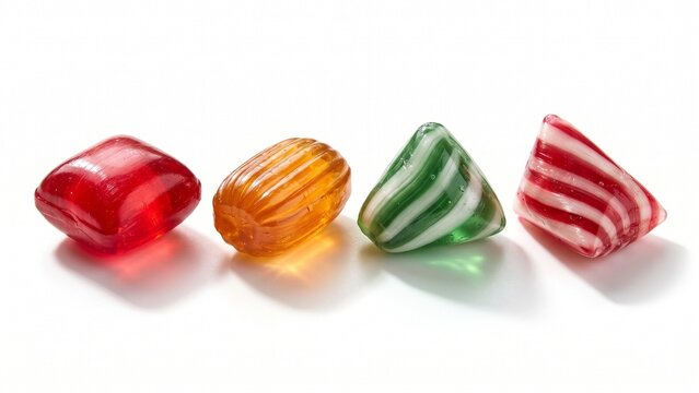 Four colorful hard candies arranged in a neat horizontal row on white background