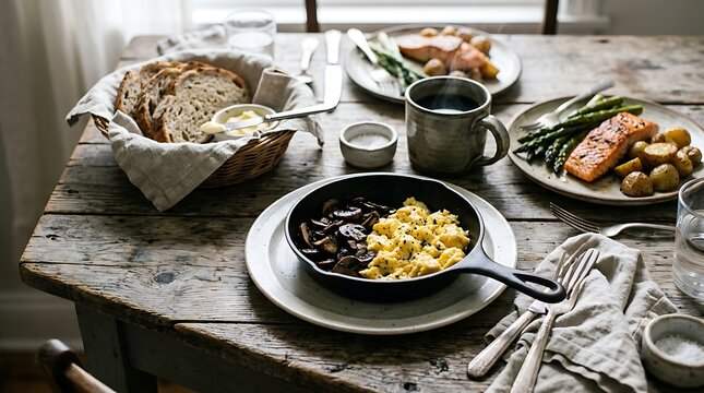 Rustic breakfast spread with eggs bread and roasted vegetables on a wooden table