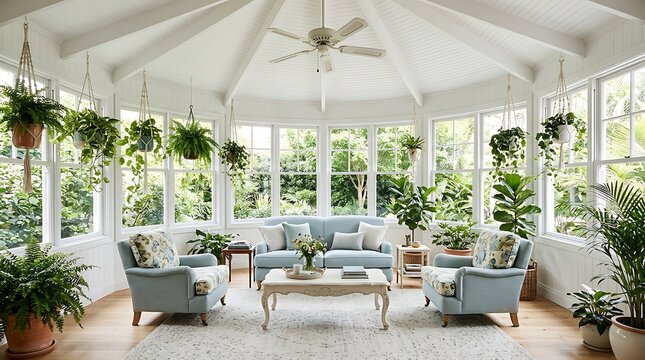Bright and airy sunroom filled with lush plants and comfortable seating areas