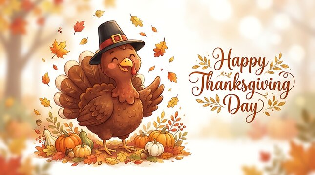 Festive thanksgiving turkey illustration with autumn leaves and pumpkins