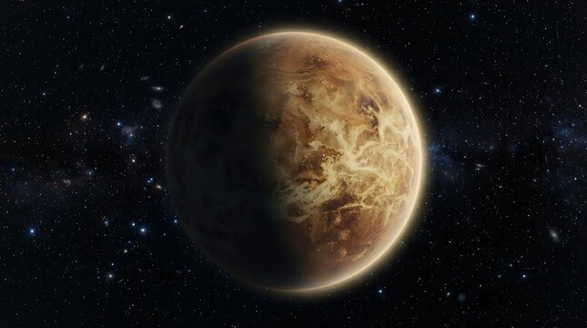 Detailed view of a terrestrial planet with a textured surface and atmospheric glow
