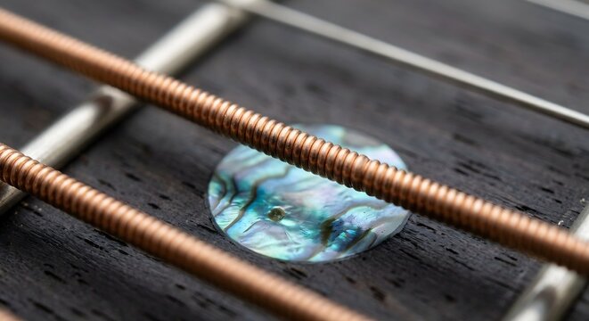 Extreme macro of a wound phosphor bronze guitar string over polished abalone shell inlay