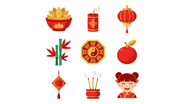 Chinese New Year vector icon set with gold sycee ingots in bowl, firecracker, red lantern, bamboo shoots, bagua yin yang mirror, tangerine apple fruit, knot pendant, incense burner, and cute girl isol